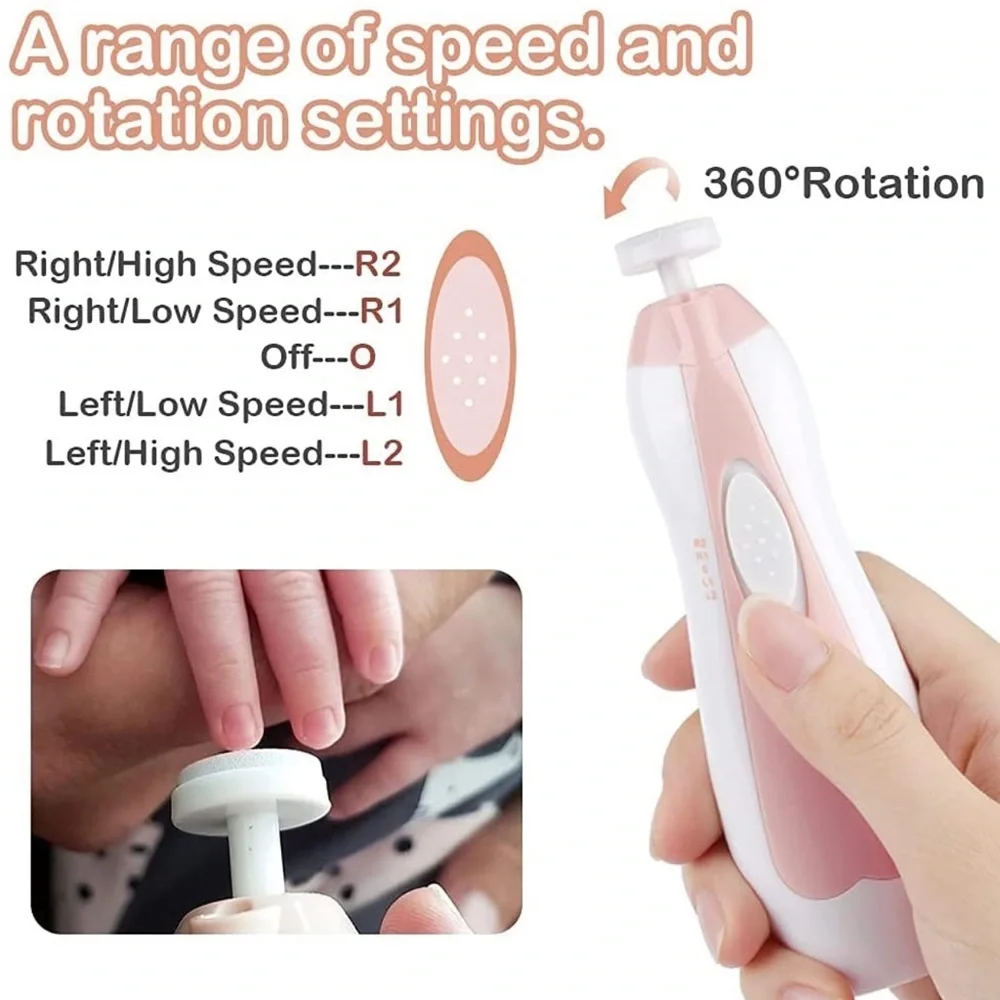 Baby Nail Trimmer Electric Clippers Kit 6 Grinding Heads and LED Light, Pink